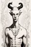 Placeholder: young satyr male albino alchemist with small horns in the style of Aubrey Beardsley