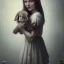 Placeholder: a cute smiling girl holding her bunny, tattoo in her face, michelangelo oil painting, steam punk, scary, horror, realistic, made in octane, cinematic, ultra-realistic, extremely detailed octane rendering, 8K, VRAY Super Real ar 2:3, dof photorealistic futuristic 50mm lens hard lighting dark gray tintype photograph, realistic lighting, sephia colors