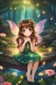 Placeholder: Deep in the heart of a vibrant, magical forest filled with vivid colors, there sat a cute anime fairy girl with shiny brown hair, wearing a glittery floral summer dress. Perched on a river stone, surrounded by flickering lights and the enchanting aroma of nature, she gazed with her big, glowing, lovely eyes into the wondrous fantasy world around her, brought to life through the strokes of colored ink.