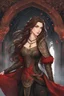 Placeholder: A (((beautiful woman with long, brown hair and red eyes))), in the Witcher universe, anime style, highly detailed, representing a (((royal medieval concubine))), clad in intricate ((red and black clothes)), set against a (detailed, anime-inspired backdrop)