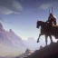 Placeholder:  mountains with medieval knight in armour traveling on a horse in the background