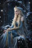 Placeholder: Elven princess,elven crown,long blonde golden hair,rapunzel hair,ice flowers,beautiful,light blue,dark blue,golden armor,sparkle,glitter,ice flowers,snow,elven ears,dark fairy princess