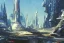 Placeholder: Spaceship starting from a Spaceport on a heavy industrialized planet, art by John Berkey, buildings with glass facades, insanely detailed, vibrant, 8k uhd, ultra-wide angle, street level view, brush strokes