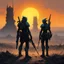 Placeholder: two warriors emerge in exoskeleton armor, standing in the desolate post-apocalyptic wasteland. One of them, holding an electric rifle, ready for battle, while the other turns her back, their silhouette stark against the eerie landscape reminiscent of Zdzisław Beksiński's artworks. the sun dipped below the horizon, casting long shadows across the twisted wreckage of civilization, the warriors braced themselves for the inevitable confrontation.
