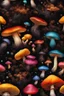 Placeholder: Diseased colourful mushrooms and fungi growing from black oil with a black background in the multiverse