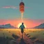 Placeholder: The holy kebab, simon stålenhag style, the kebab man running away with the holy Kebab, on a empty grass field to the sunset, Mountains in the back