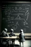 Placeholder: Subatomic particles writing equations on a chalkboard, while educating human children sitting at desks