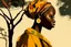 Placeholder: Design, African woman, oil painting, featureless, graphic, drawing without facial features, background, sky, trees, traditional clothes, look to left