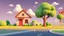 Placeholder: Cartoon 3D landscape, horizontal Street, simple house ) building, tree, fluffy cloud, kindergarten style purpose/ Disney, horizontal road with side walk ( from left to right screen)