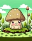 Placeholder: magical kawaii mushroom with a big, frowning mouth and droopy eyes, sitting on a mossy log in a quiet and peaceful forest, lost in its own thoughts, high details, forest background, cute, kawaii style, outline,