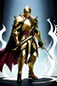 Placeholder: holy knight paladin in darkly gold armor and a cape wielding a sword in abyss