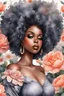 Placeholder: Create an watercolor image of a curvy black female wearing a grey off the shoulder blouse and she is looking down with Prominent makeup. Highly detailed tightly curly black afro. Background of large peach and grey flowers surrounding her