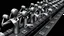 Placeholder: Surreal, monochromatic artwork featuring a series of mechanical, humanoid figures engaged in repetitive tasks. The layout consists of multiple rows of identical machines, each with a cylindrical body and a human-like arm extending from it. The arms are manipulating small objects with precision, suggesting a factory or assembly line setting. The figures have smooth, metallic surfaces and are devoid of facial features, emphasizing their robotic nature. The background is dark, enhancing the contras