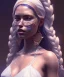 Placeholder: Gipsy, beautiful, curvy body, white fabric dress, beautiful long hair, bandana covering head, long earings, head and shoulders portrait, holding tarot card, 8k resolution concept art portrait by Greg Rutkowski, Unreal Engine 5 volumetric lighting