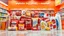 Placeholder: A 3D design of supermarket products such as mineral water, chocolate, packaged cakes, chips, puffs, Nutella, Rani, candy, shampoo, detergent with an orange, red, and white color theme and the text (welcome to toranj plus market) at the top of the photo in a special psychedelic space.