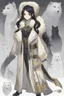 Placeholder: A dnd character sheet. A woman dressed for the cold north in black and white furs, with black hair and gold eyes.