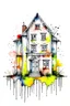 Placeholder: watercolor with splatter sketch of a doll house with transparent background in png format