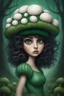 Placeholder: puffball mushroom hat, puffball mushroom fairy, big wavy dark hair, big dark green eyes with the world in her eyes!!, in the style of Salvador Dali