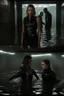 Placeholder: Margot Robbie and Georgia Henshaw in full black leather, trapped in a flooding chamber as water comes up to their necks.