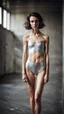 Placeholder: beautiful anorexic woman, total shot, short silver swimsuit, short brunette wavy bob hair, blurred concrete background