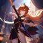 Placeholder: Clear focus,High resolution, Brown long straight hair, and yellow eyes, wearing a Genshin Impact Inspired outfit,Wearing a short skirt, Color pallete red orange black, dancing in the moonlight, Potrait, Smiling, Holding a sword, Face only