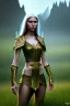 Placeholder: elven young woman, wearing light dress, luminous weather, field in the mountains, realistic 3d render, mortal kombat style, unreal engine