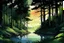 Placeholder: retro anime style, full color, dark serious 1980s anime style, A lake in the forest, watercolor, forest