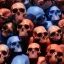 Placeholder: a picture of a dark, comedic, anatomically correct wall of red white and blue tightly packed stacked skulls of varying sizes and expressions, photo realistic, insanely meticulous, highly detailed, part of a collection of bones on display, 64k, dystopian, vray, anatomically correct