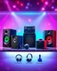 Placeholder: A beautiful design with photos of party speakers, party boxes, famous sound systems, headphones, mobile chargers, and small speakers in the center of the display with a beautiful and unique color theme.