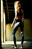 Placeholder: photograph of skinny caucasian woman, satin yoga pants, fashion photography, standing, bright daylight, sweaty skin, concrete, 80 mm lens, dof, -s1000