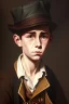 Placeholder: old oil painting, portrait of oliver twist, boy crying, oil on face, 1800s clothes, wearing tophat, factory and oil in background, realistic detail, atmospheric lighting