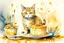 Placeholder: beautiful composition, cat birthday party with cake, watercolor and ink, golden glitters in ochre in sunshine