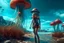 Placeholder: woman in a tight suit, on the shores of an alien world, with mushrooms, with jellyfish tentacles floating in the air, photorealistic, Detailed Matte Painting, Deep Colour, Fantastical, Intricate Detail, sunshine, blue sky