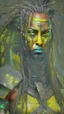 Placeholder: A woman has tanned skin, yellow eyes and black dreads. Her face show her superiority in the eyes of others. She is dressed in a steel armor with a few pieces of yellow and green fabric sticking out.