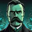 Placeholder: Futuristic, cyberpunk implants, Friedrich Nietzsche, Friedrich Nietzsche mustache, Comic style