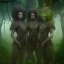 Placeholder: photo. .three women. A mother. Two daughter. Twins. A mother with her children. three young black women. wood nymphs emerging from the forest. Her hair looks like vines. Dreadlocs. Her skin is the colour of dark soil. Her skin looks like tree bark. Her clothing is made of vines, grass and leaves.