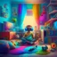 Placeholder: A boy is sitting on the sofa in his room listening to music with headphones, and his toys have come to life and are playing around him. A room full of joy and color.