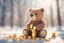 Placeholder: cute chibi bear sadly counting his money and golden coins in winter, snowy scene in sunshine, ethereal, cinematic postprocessing, bokeh, dof