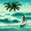 Placeholder: 1980's aesthetic vaporwave surfer on waves with palm trees