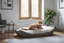 Placeholder: Lifelike cat-shaped bed with a cat lying on it in an elegant bedroom, bedside table, window, pictures on the walls in sunlight.