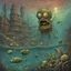 Placeholder: Surreal mutant decayed SpongeBob Squarepants monstrosity, 'he lives in a nightmare under the sea', alternate zombie SpongeBob and Squidward, by Zdzislaw Beksinski, by Jack Davis, by Dave Kendall, sinister unnatural comix underwater landscape, surrealist horror art, creepy eerie dystopian.