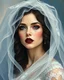 Placeholder: Inspired by the luminous brushwork of Claude Monet and the emotive detail of Gustav Klimt, this painterly portrait captures a hauntingly beautiful bride shrouded in misty, dreamlike elegance. Created in a wet-on-wet gouache and oil technique, the composition features soft, flowing brushstrokes that merge her veil into a swirling atmosphere of muted blues, silvers, and pearl whites, accented by faint touches of smoky lavender. Her alabaster skin is delicately rendered, with striking black lips an