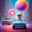 Placeholder: A one-year-old boy rides in the plastic funny toy-car on the middle of a busy street in new york. He has and a large-brimmed straw hat. somehow photographic bright colors and sunset, fantasy art, Anna Dittmann, digital painting, dan mumford, oil on canvas, jeff koons, akihito yoshida, wlop, kodachrome,