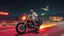 Placeholder: The kebab man driving fast on his holy motorcycle, fire from the exhaust, holy widescreen picture, holy empty road on the holy country at night, comic style, no helmet and he have a long holy black beard, neon kebab signs along the road, jesus stand at his market stand selling holy kebabs, simon stålenhag style, flying goose kebab