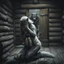 Placeholder: in the middle of a wooden hut an pale gray body hair pregnant anthropomorphic wolf woman creature kneeling, crying and covering eyes with her pawes, in background in the door stands dark gray body hair anthropomorphic wolfman and looking the female wolf. high contrast, high detalied, high realistic, sharp focus. The atmosphere is a seamless blend of sci-fi, dark fantasy