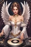 Placeholder: Front view half body excellent realistic portrait Beautiful Angel straddle wings ,she playing music turntable ,wearing luxury Victorian gown,at club disco party