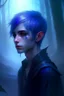 Placeholder: blue violet hair, elf, anime, short hair, fantasy world, male, grown up, fog, dark