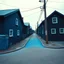 Placeholder: Fotografia di strada assurda e falsa orripilante blu weirdcore dai colori vivaci. Noe. Non luogo falso, inusuale. Max Ernst. Le case sono false e dipinte di nero chiaro con cose stilizzate e dettagli. Ci sono finestrelle false quadrate, che danno un senso distopico e molto surreale, disposte in modo casuale. L'atmosfera generale sembra noiosa e onirica, con un contrasto tra elementi reali ed elementi dipinti falsi, René Magritte