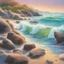 Placeholder: realistic image ; bright beach scene ; waves gently breaking on rocks; vibrant , bright colors