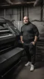 Placeholder: robust muscular turkish chubby 35 year old man in tracksuit, printer in an old printing house, next to a huge old printer, dim light, side light, ambient occlusion